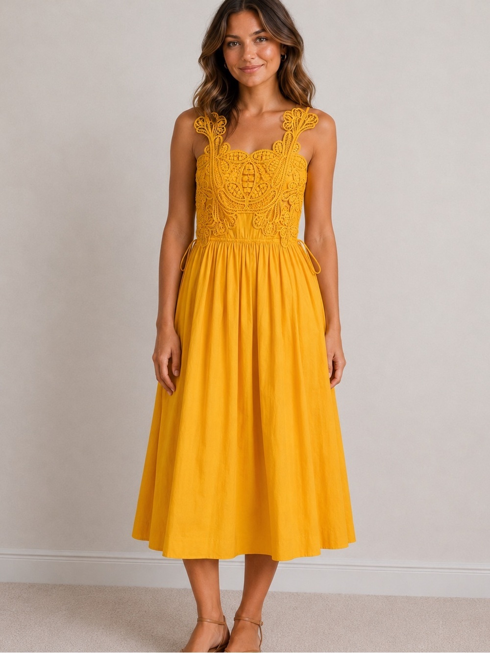 Tuckernuck Self-Portrait sunny yellow lace Midi Dress size 4 size small